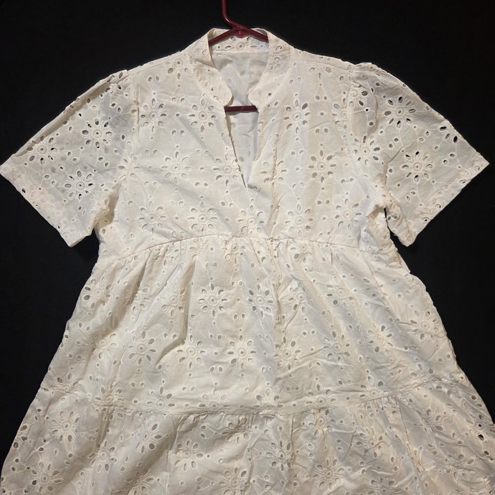 Unbranded White Eyelet Lace Tiered Babydoll Dress V-Neck Short Sleeve Boho Mini - Picture 2 of 8